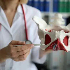 Une docteure explique le périnée avec un modèle anatomique. Elle précise le nombre de séances de rééducation périnée par semaine pour une meilleure santé.