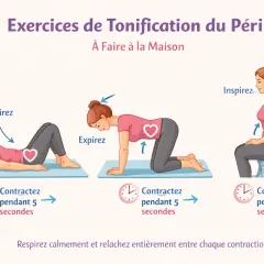 Trois exercices pour tonifier le plancher pelvien : allongée, à quatre pattes et assise. Inspirez, expirez, contractez 5 secondes.