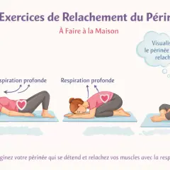 Exercices de relaxation du périnée à 70 ans. Trois postures guidant la respiration profonde pour détendre le plancher pelvien.