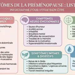 Prémenopause : mal au ventre, ballonnements, transit intestinal irrégulier. L'infographie liste 35 symptômes, dont des troubles digestifs.