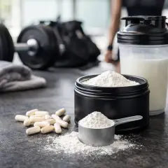 Poudre et capsules de BCAA, shaker de lait, haltères et serviette dans une salle de sport. Idéal pour savoir quand prendre BCAA.