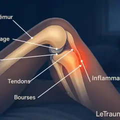 Anatomie du genou montrant l'inflammation interne, le cartilage, le ménisque et les tendons. Aide à comprendre comment soigner douleur genou interne.