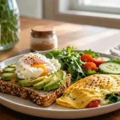 Une assiette avec un toast à l'avocat et œuf poché, une omelette garnie et une salade. Une excellente idée petit dej salé pour bien commencer la journée.