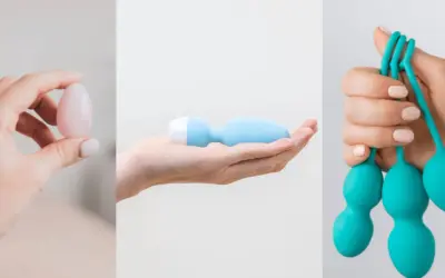 Trois mains présentent des objets pour le bien-être intime : un œuf de jade, un vibromasseur bleu et des boules de Kegel turquoise.