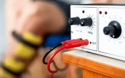 Appareil pour rééducation périnée avec sonde. Câbles rouge et noir connectés à la sortie.