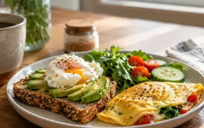 Une assiette avec un toast à l'avocat et œuf poché, une omelette garnie et une salade. Une excellente idée petit dej salé pour bien commencer la journée.