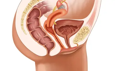 Anatomie pelvienne féminine montrant le côlon, la vessie, l'utérus et le sacrum. Illustration pour une opération prolapsus avis.