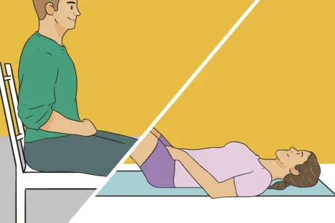 Homme assis et femme allongée pratiquant l'exercice de Kegel pour renforcer le plancher pelvien.