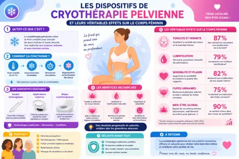 Infographie sur la cryothérapie pelvienne : ses bienfaits, son fonctionnement et les avis des utilisatrices. La cryothérapie pelvienne avis est une méthode non invasive pour le bien-être intime.