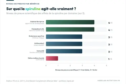 Graphique montrant les bienfaits de la spiruline : bon apport en fer, réduction du cholestérol LDL, endurance, antioxydant et immunité. Détox métaux lourds controversé.