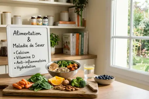 Alimentation et maladie de Sever : une assiette saine avec poulet, quinoa, brocolis, patates douces, fruits et noix. Le tableau liste calcium, vitamine D, anti-inflammatoires et hydratation.