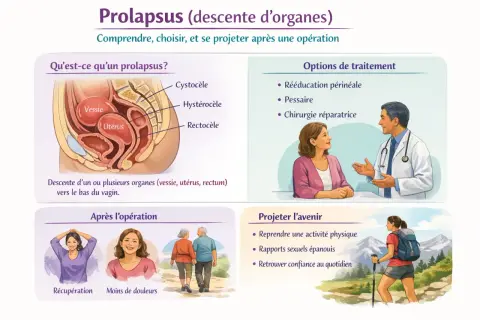 Illustration expliquant le prolapsus et ses options de traitement, incluant la chirurgie réparatrice pour un prolapsus stade 3.