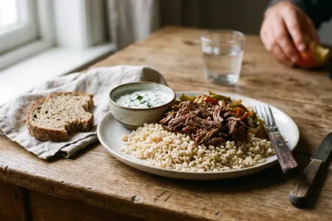 Un repas prise de masse copieux : riz brun, effiloché de bœuf, légumes sautés et une sauce crémeuse. Une tranche de pain complète accompagne ce plat.