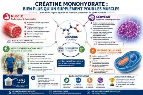 La créatine monohydrate soutient la force musculaire, la cognition et l'énergie cellulaire, avec des preuves solides.