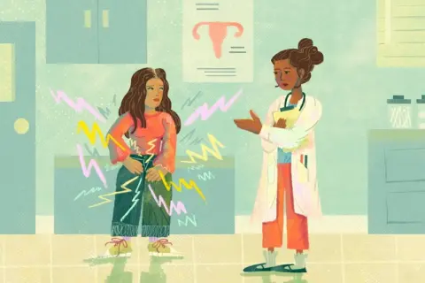 Une jeune femme exprime son inconfort, peut-être un symptôme de plancher pelvien affaibli, à une médecin dans un cabinet.