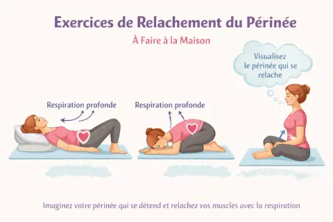Exercices de relaxation du périnée à 70 ans. Trois postures guidant la respiration profonde pour détendre le plancher pelvien.