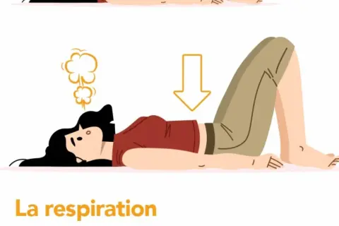 Femme allongée, souffle expiré symbolisé par des volutes. Exercice de respiration pour la rééducation périnée.