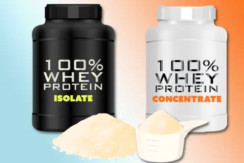 Deux pots de whey protéine, isolate et concentrate, avec de la poudre. Idéal pour savoir quand prendre de la whey.