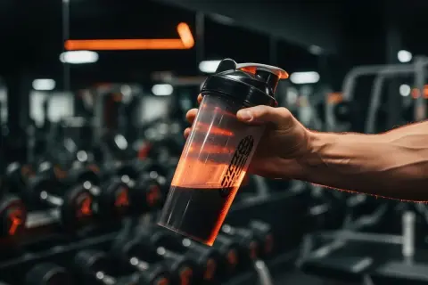 Main d'un homme tenant un shaker rempli de liquide sombre, dans une salle de sport avec des haltères en arrière-plan. La whey sert à la récupération musculaire.