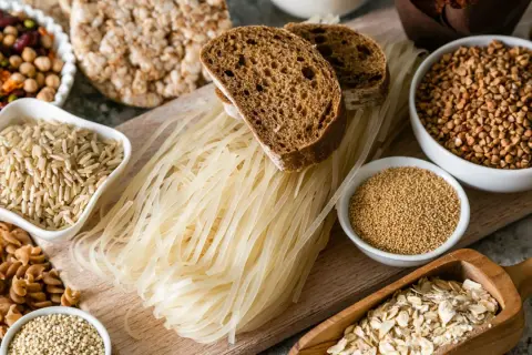 Des grains, pâtes, pain et flocons d'avoine : voici un aperçu de ce que sont les glucides, source d'énergie essentielle.