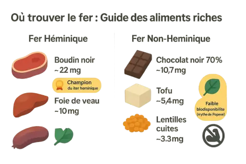 Guide des aliments riches en fer : boudin noir, foie de veau, chocolat noir, tofu et lentilles. Le boudin noir est le champion !