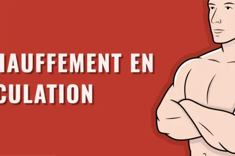 Un homme musclé, bras croisés, sur fond rouge. Le texte "L'échauffement en musculation" est affiché.
