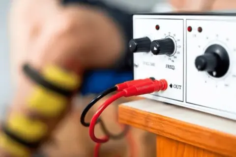 Appareil pour rééducation périnée avec sonde. Câbles rouge et noir connectés à la sortie.