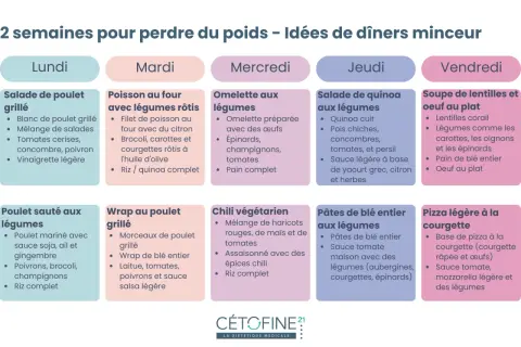 14 menus pour manger sainement : salades, poissons, omelettes, soupes, wraps, chili végétarien, pâtes et pizza légère pour 2 semaines de dîners minceur.