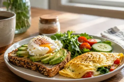 Une assiette avec un toast à l'avocat et œuf poché, une omelette garnie et une salade. Une excellente idée petit dej salé pour bien commencer la journée.