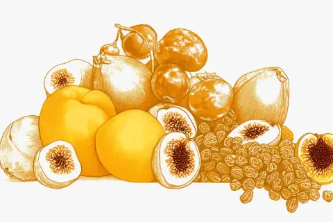 Gros plan sur une pile de fruits secs et frais, dont des figues coupées, des abricots et des raisins secs, des fruits riches en fer pour une alimentation saine.