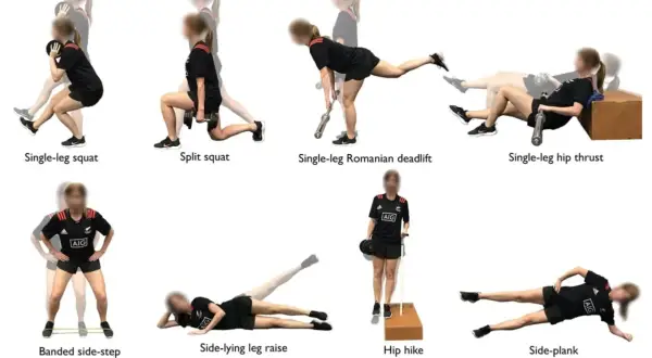 Huit exercices pour le moyen fessier : squat sur une jambe, fente, soulevé de terre roumain sur une jambe, hip thrust sur une jambe, pas latéraux bandés, élévation latérale de jambe, hip hike, planche latérale.