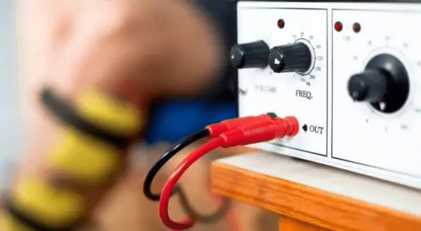 Appareil pour rééducation périnée avec sonde. Câbles rouge et noir connectés à la sortie.