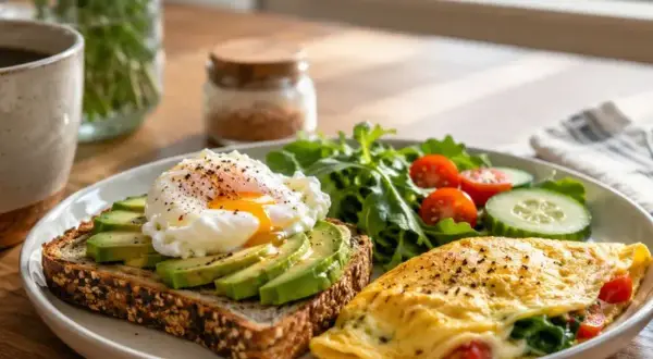Une assiette avec un toast à l'avocat et œuf poché, une omelette garnie et une salade. Une excellente idée petit dej salé pour bien commencer la journée.