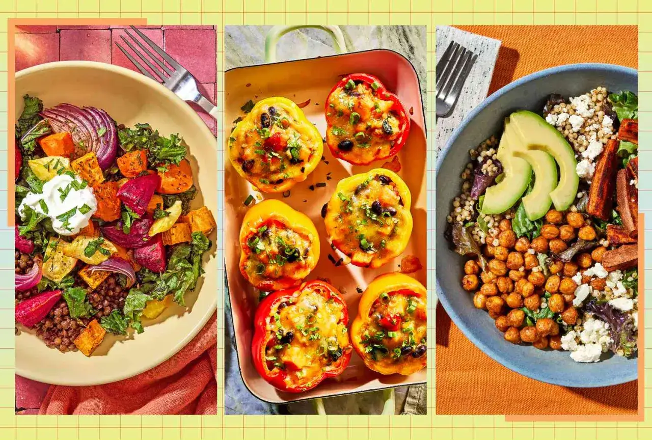 Trois plats colorés : salade de légumes rôtis, poivrons farcis et bol de pois chiches. Une invitation à l'alimentation anti inflammatoire.