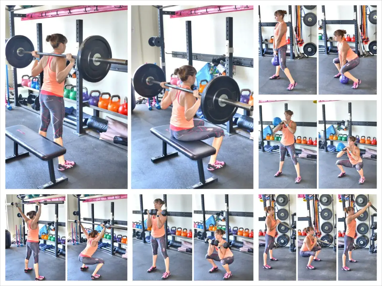 Une femme fait un squat avec barre, un squat avec kettlebell et un squat avec haltères. Elle s'entraîne pour le squat sport.