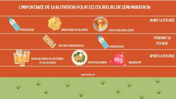 Conseils d'alimentation pour le course à pied : hydratation, glucides avant, énergie pendant, protéines et équilibre après.