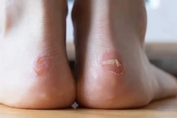 Gros plan sur des ampoules aux talons, une question courante est : combien de temps dure une ampoule au pied ?