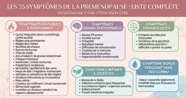 Prémenopause : mal au ventre, ballonnements, transit intestinal irrégulier. L'infographie liste 35 symptômes, dont des troubles digestifs.