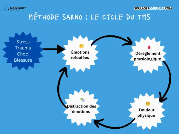Schéma du cycle TMS : Stress, émotions refoulées, dérèglement physiologique, douleur physique, distraction des émotions. Une approche pour une meilleure hygiène de vie.