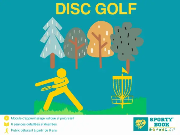 Un joueur lance un frisbee dans un panier de disc golf, entouré d'arbres stylisés. Le texte indique "DISC GOLF".