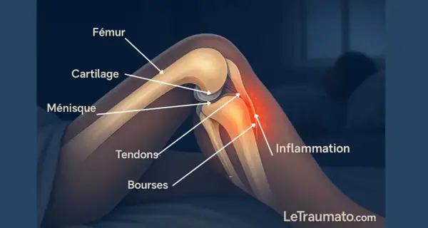 Anatomie du genou montrant l'inflammation interne, le cartilage, le ménisque et les tendons. Aide à comprendre comment soigner douleur genou interne.