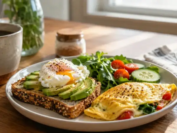 Une assiette avec un toast à l'avocat et œuf poché, une omelette garnie et une salade. Une excellente idée petit dej salé pour bien commencer la journée.