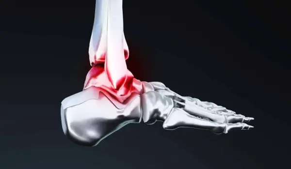 Illustration 3D d'une cheville, montrant la zone rouge de douleur et d'inflammation, essentielle pour la proprioception cheville.